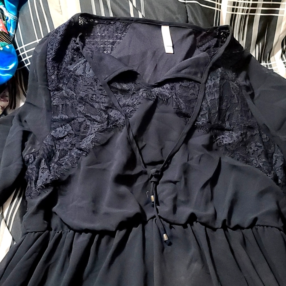 Long sleeve midi Navy Blue midi dress with lace accents.
